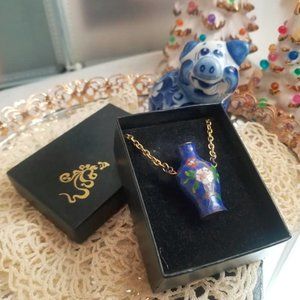 Vtg 70's Cloisonne Floral Vase Necklace RARE